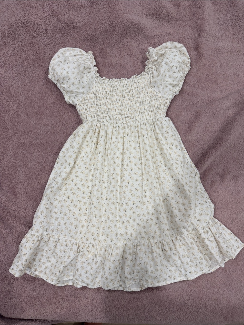 Roolee Cream Floral Smocked Puff-Sleeve Dress